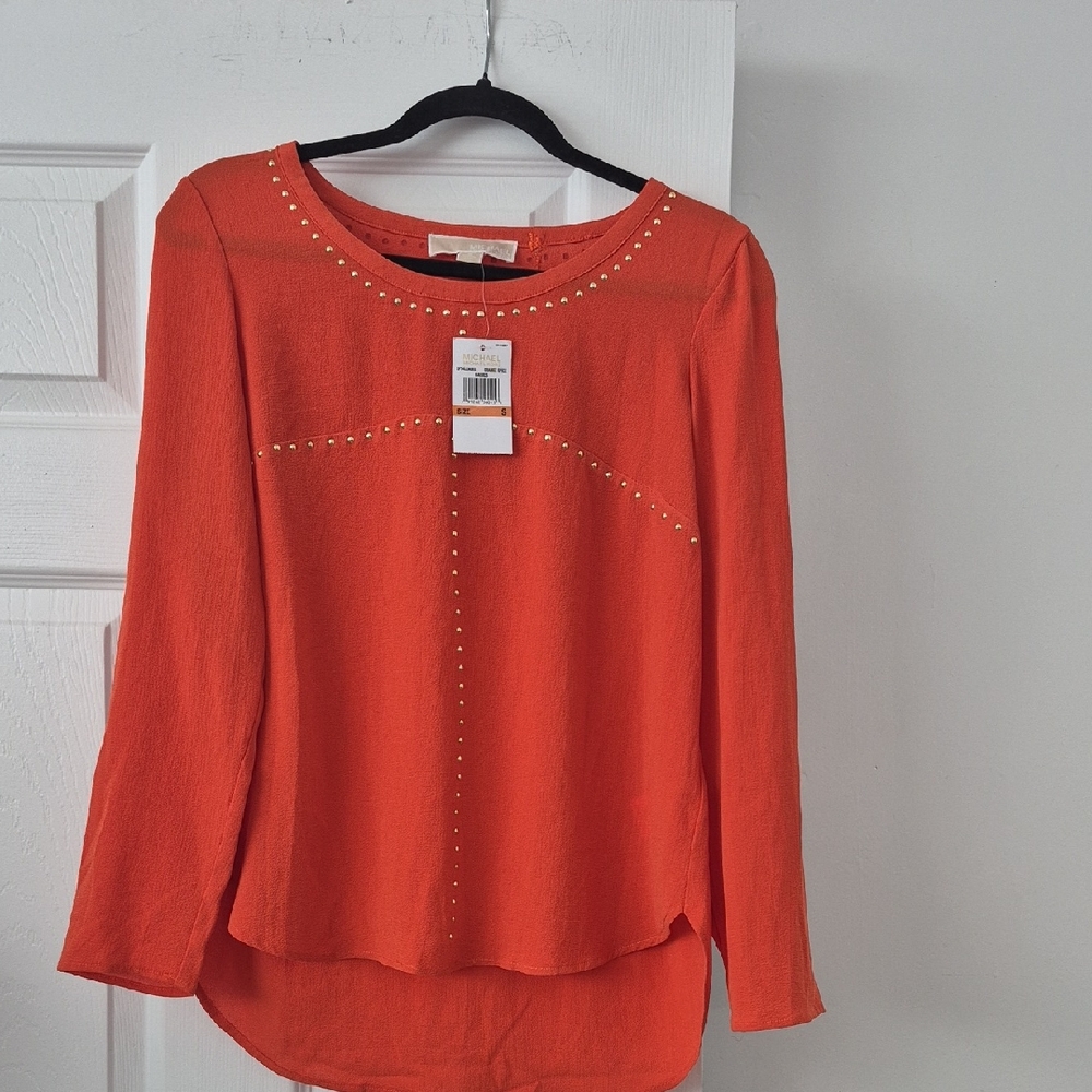 Michael Kors Studded Orange Long Sleeve Blouse NWT Size S
